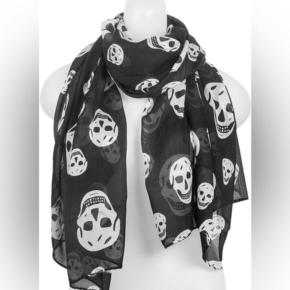 Accessories - Lightweight Sheer Mesh Chiffon Skull Black and White Scarf
